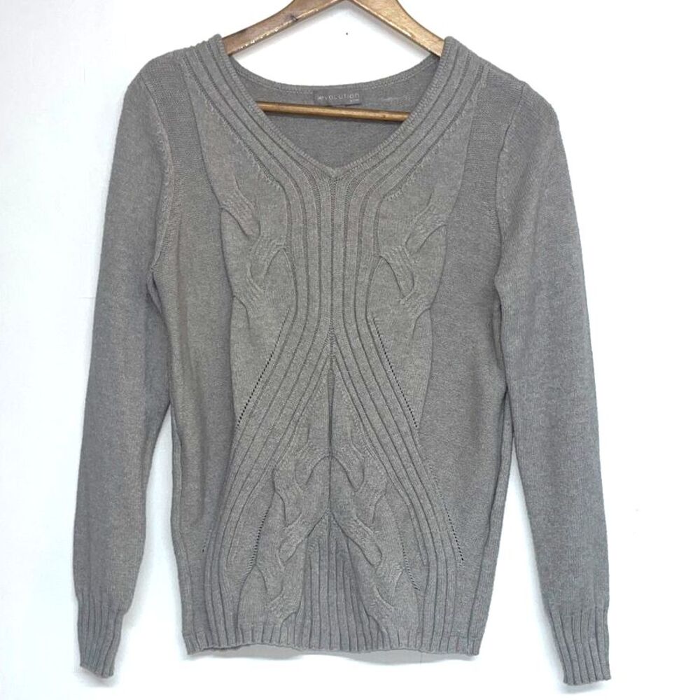 Evolution by Cyrus Women’s Small V-Neck Cable Knit Sweater Gray Stretch Soft